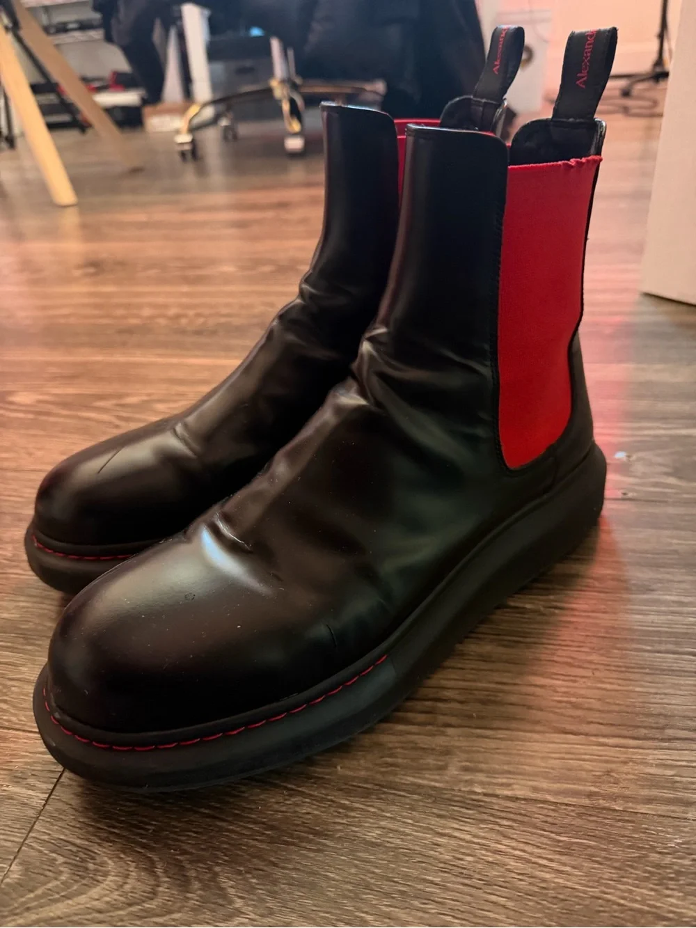 Alexander McQueen Black Leather Chukka Boots with Red Elastic Panels
